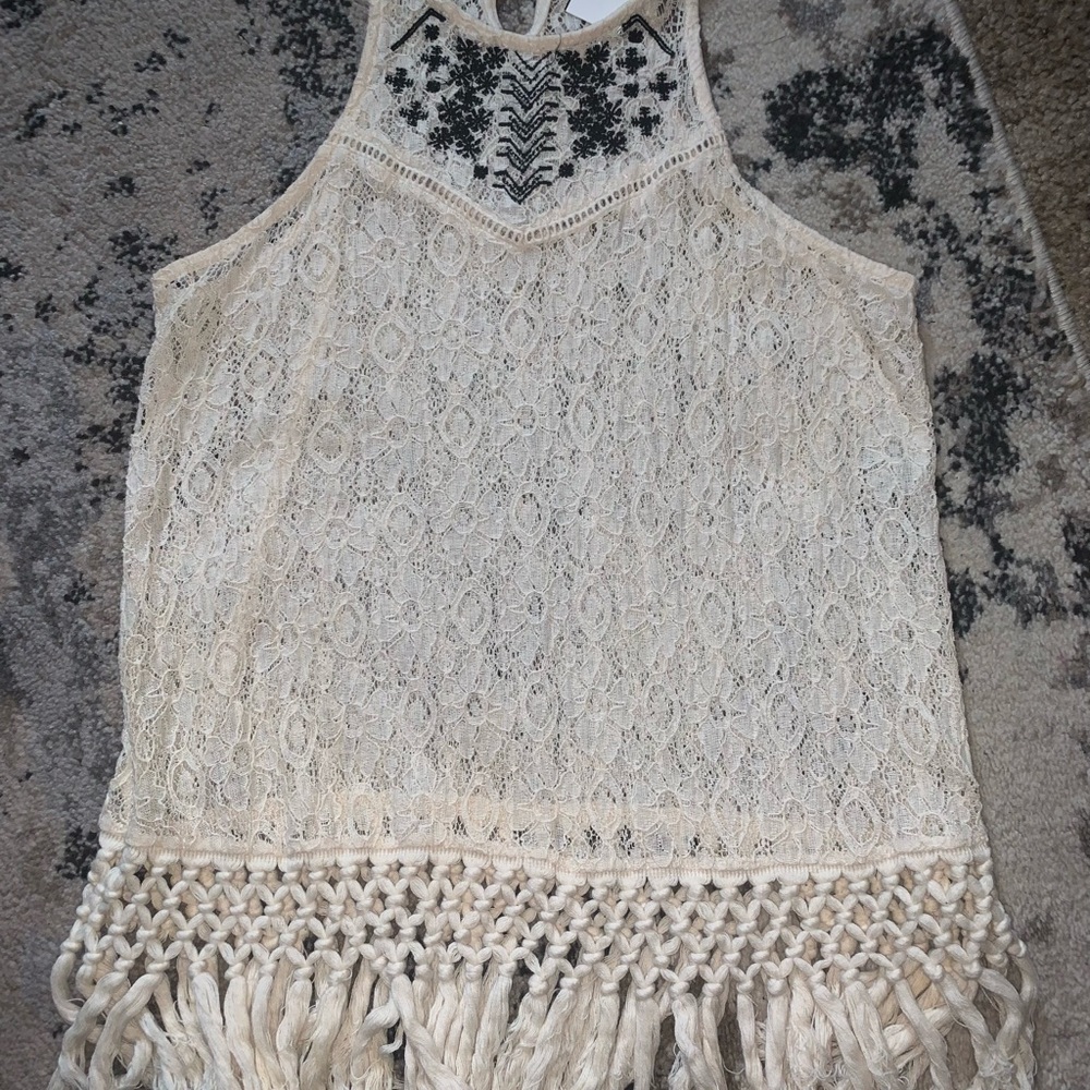 Crochet Fringe Lace Tank Top - Cream
